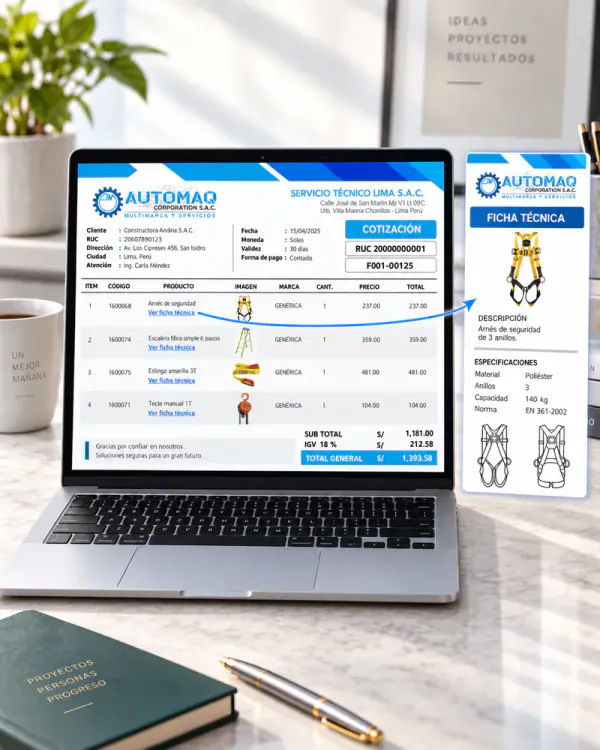 Cotización personalizada con ficha técnica de producto en una laptop