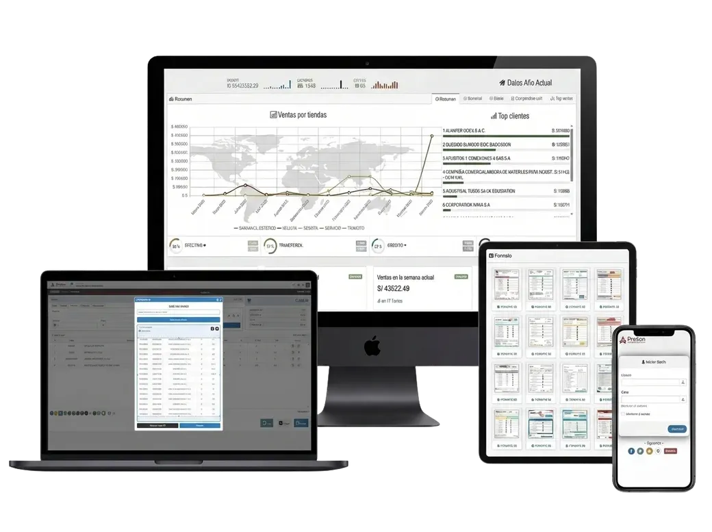 Gestiona tu negocio desde cualquier lugar con el sistema multidispositivo de PRASEN en PC, Laptop y Smartphone.