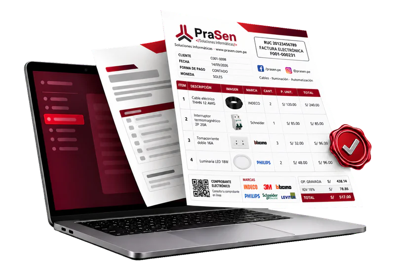 Factura electrónica personalizada PRASEN con logo, productos ilustrados, redes sociales, marcas, código QR y totales